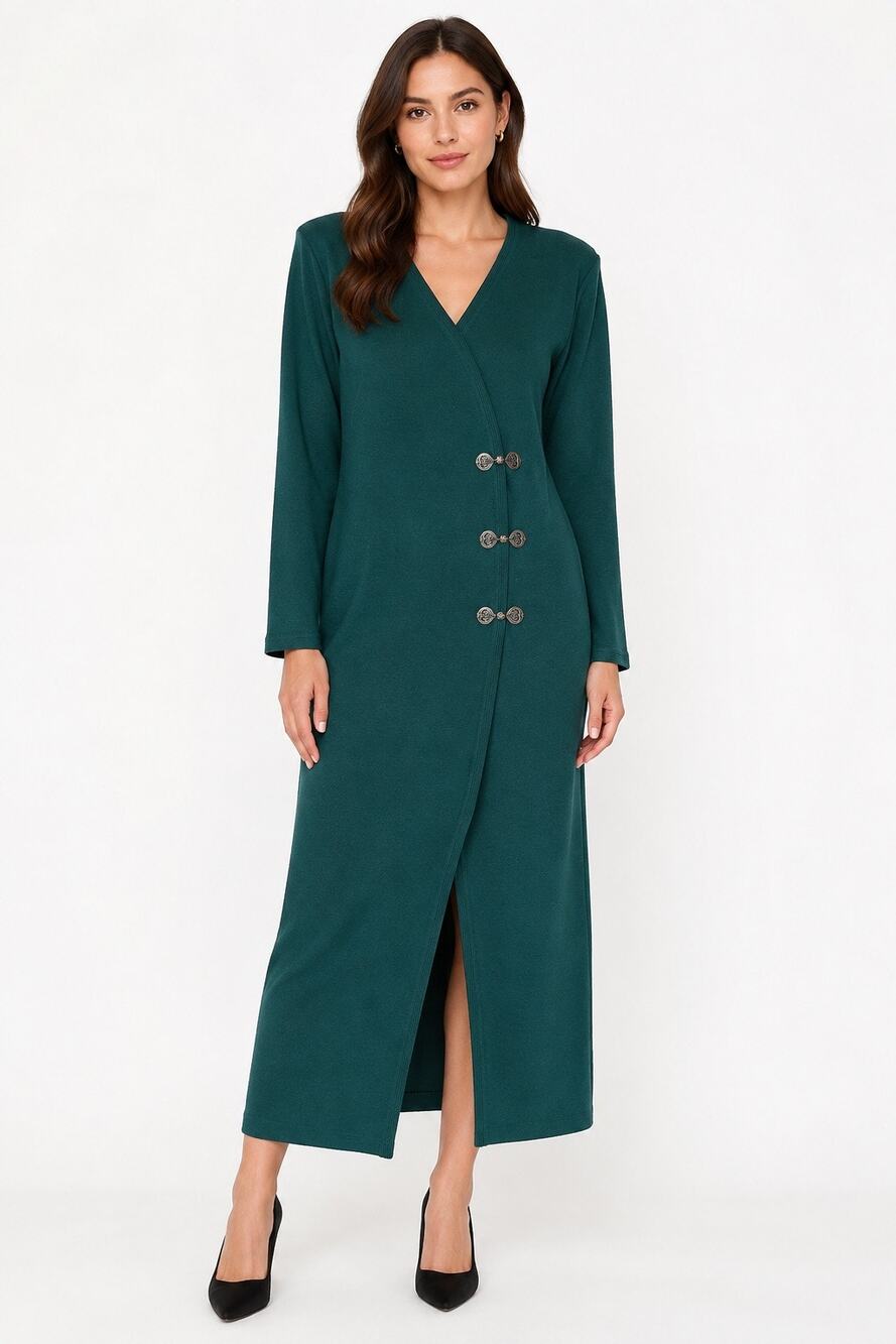 1990s Dark Green Faux Wrap Sweater Dress Womens XL Maxi